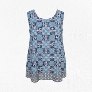 J Jill Blue Black Geometric Medallion Sleeveless V Neck Relaxed Blouse Size XL